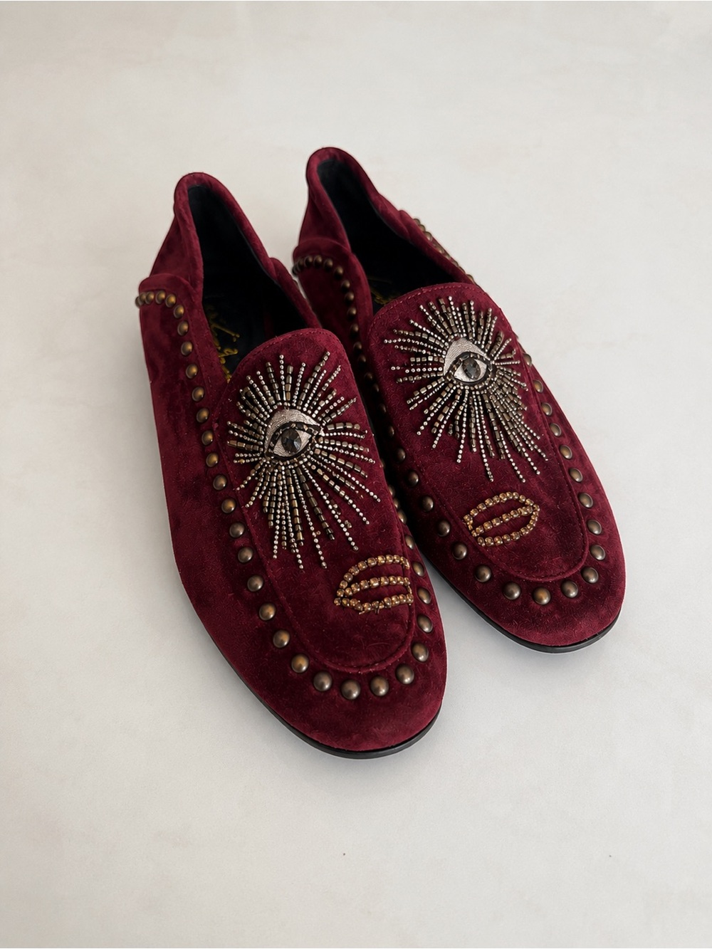 Lola Cruz Burgundy Velvet Embellished Eye Loafers Smoking Flats Size 37